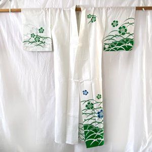 Vintage Japanese Yukata Kimono - Green Sakura Flowers & Grass